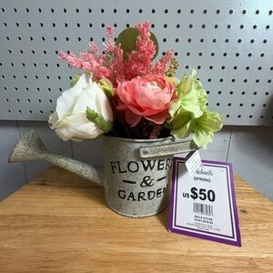 Rustic Watering Can Faux Floral Arrangement - Pink, White, Green